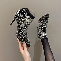 Modern Ankle Sexy 103 Women's Ladies Boots Rhinestone Slip-on Pointed Toe Thin Heel Mesh Shoes Women 2 14