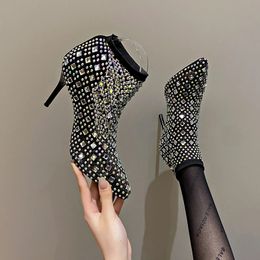 Ladies Ankle Boots Modern Rhinestone Sexy Women's 103 Slip-on Pointed Toe Thin Heel Mesh Shoes Women 231124 532