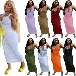 Mulheres Sexy Sleevelense U-decote U Bodycon Dress Cold Color Designer Top Top Maxi Pit Strip Dressos longos 15 cores