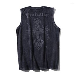 Men's Tank Tops Cross Print Vintage Washed Sleeveless Oversized Grunge Vests Men Goth Tees Hip Hop Y2k Streetwear Harajuku Sports Cotton