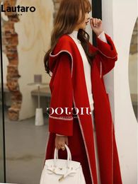 Women's Wool Blends Lautaro Winter Long Warm Elegant Chic Stylish Doublefaced blends Coat for Women with Hood Sashes Luxury Woolen Overcoat 231124