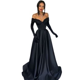 JEHETH Black Arabic Sequins off the Shoulder Evening Dress Dubai Women Formal Party Gown For Beach Guest Without Sleeves