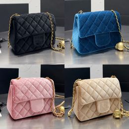 Designer Women Velvet Quilted Flap Chain Bag France Luxury Brand Velour Diamond Lattice Mini Pouch Crossbody Handbag Lady Gold Ball Chains Strap Shoulder Bags 17cm