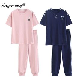 Women's Sleepwear Couple Summer Fashion Pajama Short Sleeve Long Pants Leisure Pyjamas Pink and Blue Nightwear Cotton Loungewear for Young Lovers