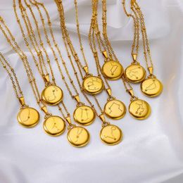 Pendant Necklaces Twelve Constellations Zodiac Stainless Steel Necklace For Women Jewelry 18K Gold Plated Embossed Luck Accessories