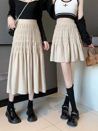 skirt TIGENA Women Knitted Skirt 2022 Fall Winter Korean Fashion Folds Casual Solid Allmatch A Line High Waist Midi Long Skirt Female