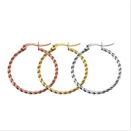 Hoop Earrings Rose Gold Color Twist Circle Piercings For Women Stainless Steel Exaggerated Round Fashion Jewelry & Huggie