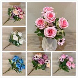 Decorative Flowers 5 Roses 4 Daisies Artificial Wedding Home Spring Decoration High Quality Flower Bouquet Fake Arrangement Bulk