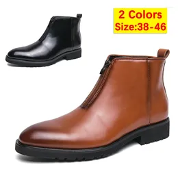 Boots Men's Fashion Polished Leather Shoes Size 46 Formal Pointed Toe Microfiber Ankle Business Zip High Cut