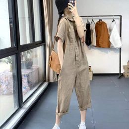 Women's Jumpsuits Rompers Women Clothing Korean Buttons Solid Colour Turn-down Collar Short Sleeve Jumpsuits Summer Vintage Pocket Capris Ladies 230426