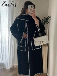 Women's Wool Blends Fashion Embroidery Woollen Long Coats With Scarf Women Autumn Oversize Pocket Overcoats Female Loose Elegant Street Lady Jackets 231124