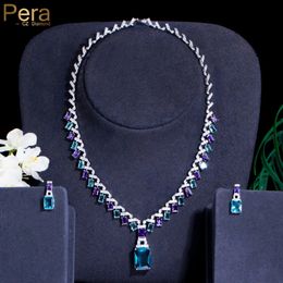 Beaded Necklaces Pera Fabulous Big Square Drop Necklace Earrings Blue Purple Crystal Wedding Party Cubic Zirconia Jewellery Sets for Brides J510 231124