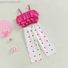 Clothing Sets Girls Summer Clothing Outfit Sets Solid Color Layered Ruffle Camisole + Heart Print Pants Children Suit Kid Clothing Set AA230426