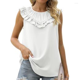 Women's Blouses Summer Ruffles Loose Sleeveless White Shirts Women Elegant Casual Chiffon Blouse Solid O Neck Tops Shirt Blusas 25556