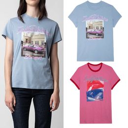 Zadig Voltaire 24ss Women Designer Cotton T shirt Fashion New Zadig Tops Rose Red Car White Ink Digital Printing Short Sleeve Beach Tees