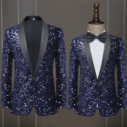 Men's Suits Blazers Large Size Shiny Deepblue Sequin Jacket Men Glitter Embellished Blazer Prom Suit Blazer Costume Homme Stage Clothes For Singers 230425