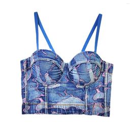 Women's Tanks Crop Top Sexy Denim Embroidered Corset Bra Nightclub Party Bustier Fashion Show Clothing Rave Festival Lingerie Female Vests