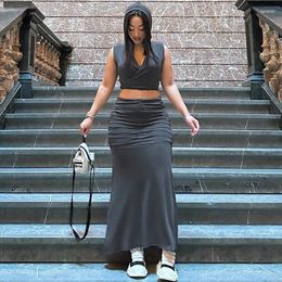 Skirts Two Piece Set Women Sleeveless V-neck Hooded Crop Top Maxi Skirt Streetwear Fashion Summer Outfits Casual