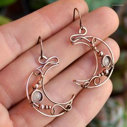 Hoop Earrings 2023 Hollow Moon Copper Wire Bronze Metal Opal Beads Stone Handmade Hook Dangle Women Bohemia Jewellery Gift