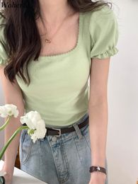 Women's T-Shirt Woherb Summer Casual Basic Tops T-shirt Women 7 Colors Square Collar Korean Chic Slim Crop Tee Shirts Y2k Puff Sleeve Blusa 230426