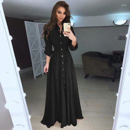 Casual Dresses 2023 Autumn Stylish Simple Neck High Waist Large Size Women's Dress Solid Color Long Sleeve Button Lace Up Swing