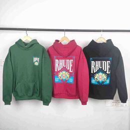 Rhude Autumn and Winter Crown Print Loose Plush Set Hooded Sweatpants for Men Women Jackets Coats F0P3 Lulusup