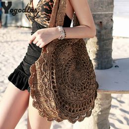 Shopping Bags Bohemian Straw Bags for Women Circle Beach Handbags Summer Rattan Shoulder Bags Handmade Knitted Travel Big Bag 230426