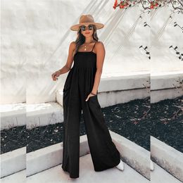 Women's Jumpsuits Rompers Summer Women Sleeveless Elastic Rompers Loose Jumpsuit O Neck Casual Backless Overalls Trousers Wide Leg Pants 3 Color S-XL 230426