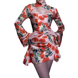 Dress Xingqing y2k Women Corset Dress Floral Flared Sleeve A Line Dresses Sexy Ladies Hollow Out Party Mini Dress Spring Summer Outfit