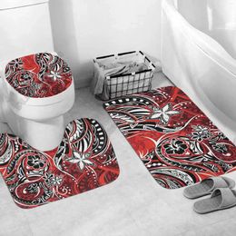 Toilet Seat Covers Polynesian Home Set - Red Tribal Print Bathroom 3D Printed Pedestal Rug Lid Cover Bath Mat
