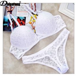 Bras Sets Sexy Lace Drill Bra Sets Push Up Underwear For Womens 34/75 36/80 38/85 40/90 42/95 BCDE Cup Plus Size Lingerie Thong 230426