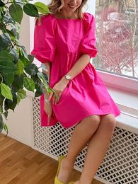 Dresses 2022 New 100% Cotton Women's Summer Rose Red Dress Elegant Casual Ruffle Dresses Short Sleeve Aline Mini Green Dress for Women