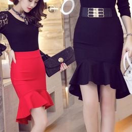 skirt TingYiLi High Low Mermaid Skirt Women High Waist Ruffle Asymmetrical Skirt Ladies Elegant Midi Pencil Skirt Black Red