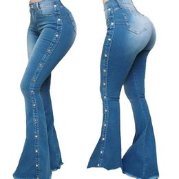 Jeans da donna 2023 Gamba larga elastica a vita alta Versatile rastrellamento in corno Sollevamento fianchi Slim Fit Denim blu