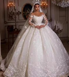 Long Sleeves Shiny Tulle Princess Garden Country Vintage Lace Sexy Plus Size Custom Made Wedding Dresses Ball Gowns Cathedral Train Bridal Dress 403