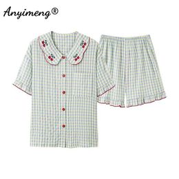 Women's Sleepwear Cherry Fresh Wrinkled Bubble Fabric Woman's Pyjamas Sets Summer Cardigan Shorts Sleepwear for Girl Lady Homsuits Delicate Pijama