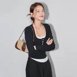 Women's T Shirts Women Button Front Long Sleeved T-shirt Slim Top With Contrast Double Neckline And Hem