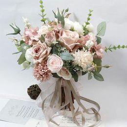 Wedding Flowers Pink Simulation Flower Bouquet Bride Holding Silk High Quality