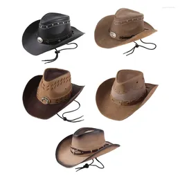 Berets 2023 Vintage Cowboy Hat Large Metal Ox Head Brim Faux Leather Accessory For Summer Sunproof