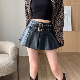 Skirts Harajuku Sweet High Waist Belt PU Pleated Skirt Women All Season Girls Sexy Cute Streetwear Y2k Mini