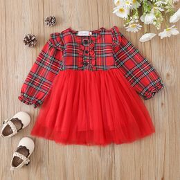 Girl Dresses Cute Toddler Girls Princess Dress Kids Long Sleeve O Neck Plaid Tulle Patchwork A-Line Party Birthday