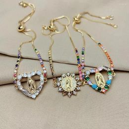 Charm Bracelets Design Plated Gold Colourful Zircon Heart Virgin Guadalupe Bracelet Copper For Women Fashion Wedding Party Jewellery