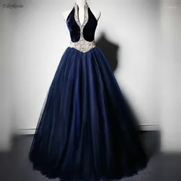 Party Dresses Navy Blue Vintage Evening Puffy Ball Gowns Halter Pearls Tulle Velvet For Women Abiti Da Cerimonia Sera