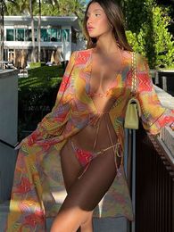 Women's Swimwear ZRTAK 2023 Sexy Women Swimsuit 3Piece Bikini Sets Bandage Bathing Suit Long CoverUps Print Beachwear Summer 230425