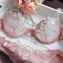 Bras Sets Logirlve Exquisite embroidery lotus pink ultra-thin women's sexy transparent lace underwear bra set 230426