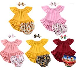 Clothing Sets 0-24M Born Infant Baby Girls Clothes 3pcs Ruffles Solid Dress Tops Flowers Print Shorts Headband