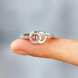Wedding Rings Double Hollow Round For Women Simple OL Style Daily Accessories Silver Color CZ Minimalist Open Adjustable Female Jewelry