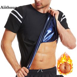 Men's Body Shapers Aiithuug Sauna Suits Men Waist Trainer Body Shaper Short Sleeve White Stripe Body Building Corsets Gym Shirts Weight Loss Slim 230425