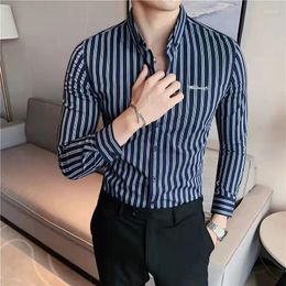 Men's Casual Shirts Men Striped Embroidery Shirt Slim Fashion Business Dating Bar Club Male Daily Wear Clothing