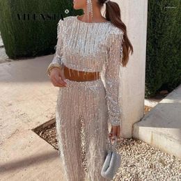 Women's Two Piece Pants Women High Street Glitter Crop Top And Straight Long Set Outfits Spring Fashion Lady Sequins Tassel Office Suits